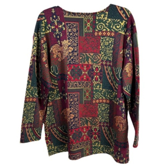 Silver Threads Tunic Medium Multicolor Damask Scoop Neck Long Sleeve Side Slit - Picture 3 of 7